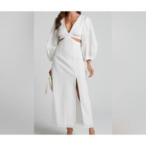 Showpo White Miggy Puff Sleeve Cut Out Split Midi Dress Size 10